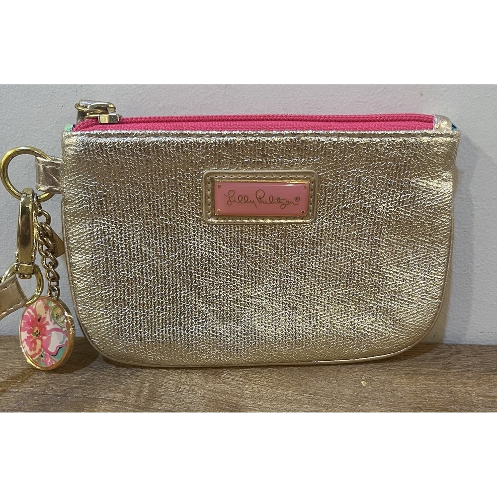 Lilly Pulitzer Gold Metallic Zip Coin Purse Wristlet‎ Pink Lining Logo Charm